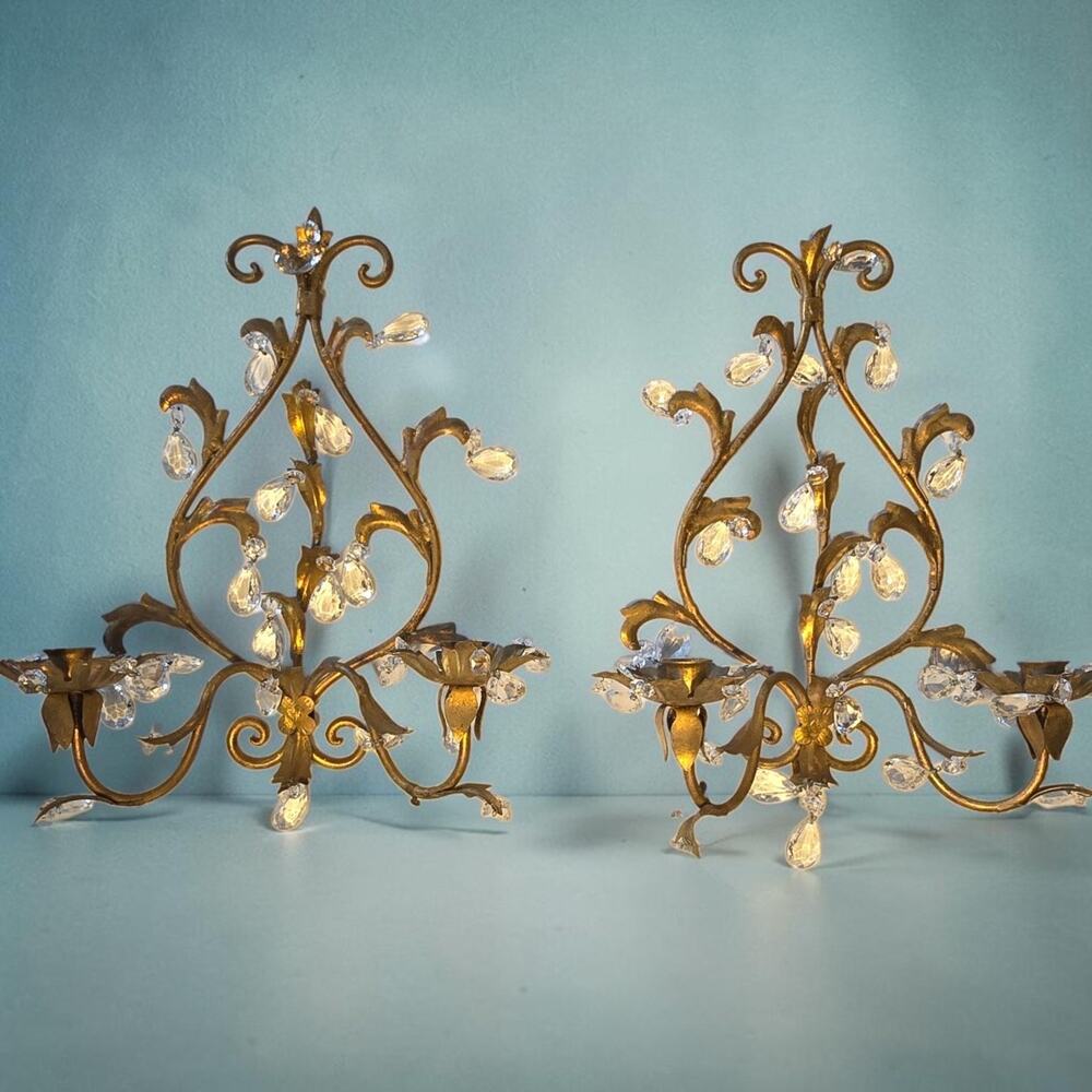 Vintage Italian Gilt Tole Crystal Wall Candle Sconces Pair Hollywood Regency